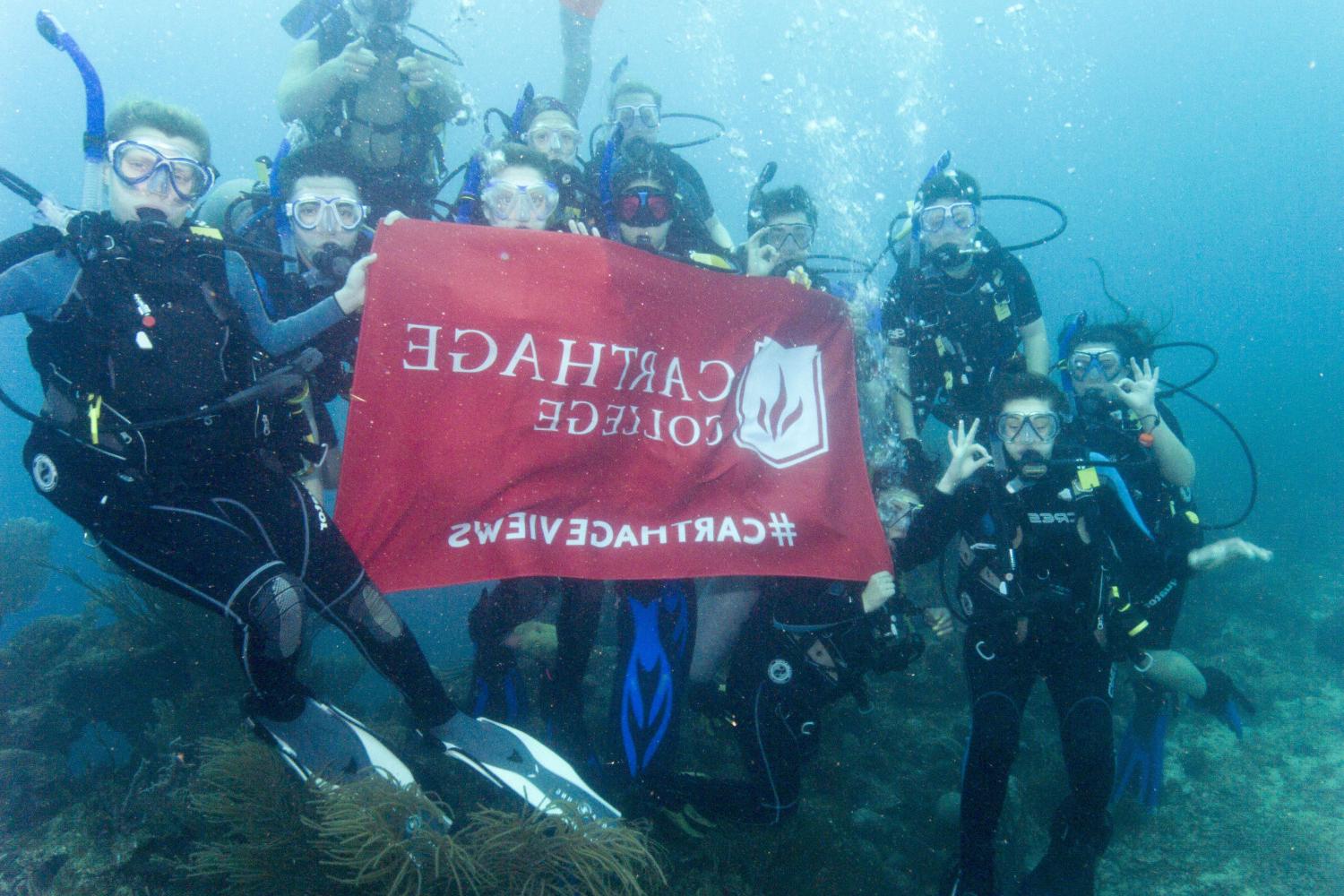 学生们手持<a href='http://tugwz9f.revolutionclub.net'>bv伟德ios下载</a>旗帜，在j学期洪都拉斯游学之旅中潜水.